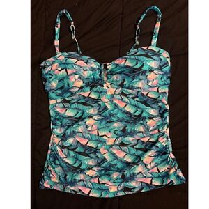 Beach Party Blue Tropical Floral‎ Print Ruched Halter Tankini Swimwear Top, 14